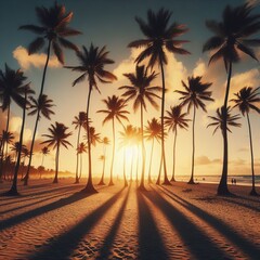 Palm trees casting long shadows across the beach with the sun di