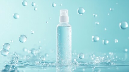 Water-based spray bottle, splashing, light blue backdrop