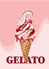 Ice cream with cherry, Italian ice cream, yogurt with cherries and write GELATO on pink abstarct background. Vector illustration. Ideal for poster, packaging.