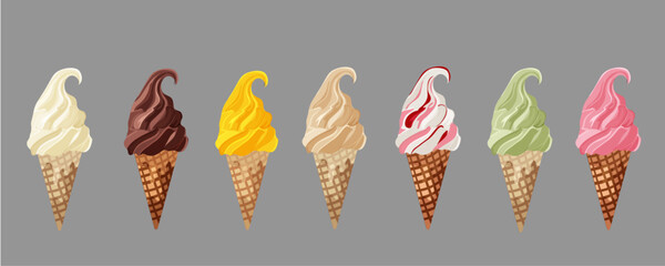 Set of ice cream in cone of waffle on grey background. Chocolate, vanilla, pistachio, mango, coffee, yogurt with cherry, strawberry. Vector illustration. ideal for posters, packaging.