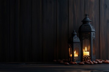 Fototapeta premium Ramadan background, with lanterns and dates on a dark wooden table