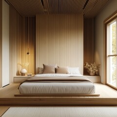 A minimalist designed bedroom with wood accents and soft lighting