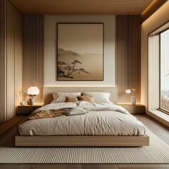 The comfortable bedroom features a clean aesthetic in a neutral tone