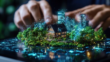 Obraz premium Futuristic miniature island city with glowing skyscrapers and reflective waters in a surreal dreamlike landscape The scene showcases a visionary