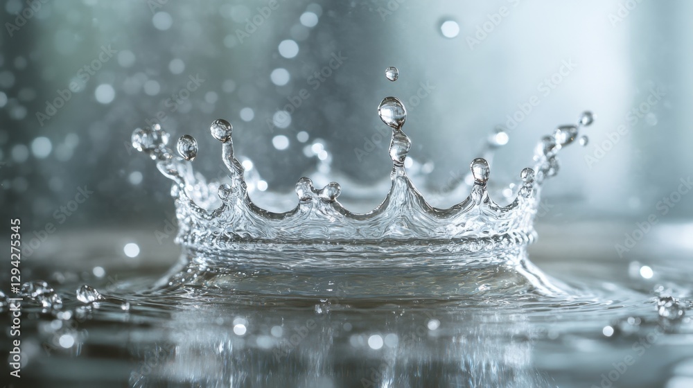 Poster captivating water splash in crown shape on reflective surface with bokeh background in macro photogr