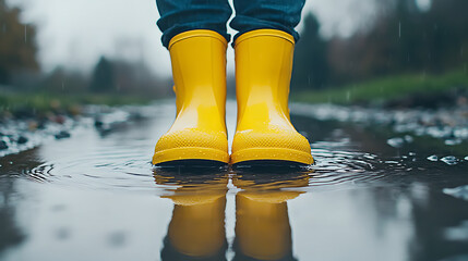 Yellow rain boots standing in a puddle on a rainy day. Reflective surface of water shows mirrored image of the boots and person wearing them.