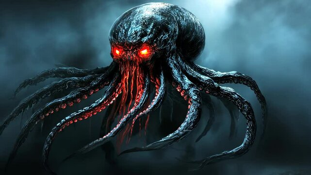 Mysterious creature with glowing eyes and tentacles emerges from dark fog in eerie environment