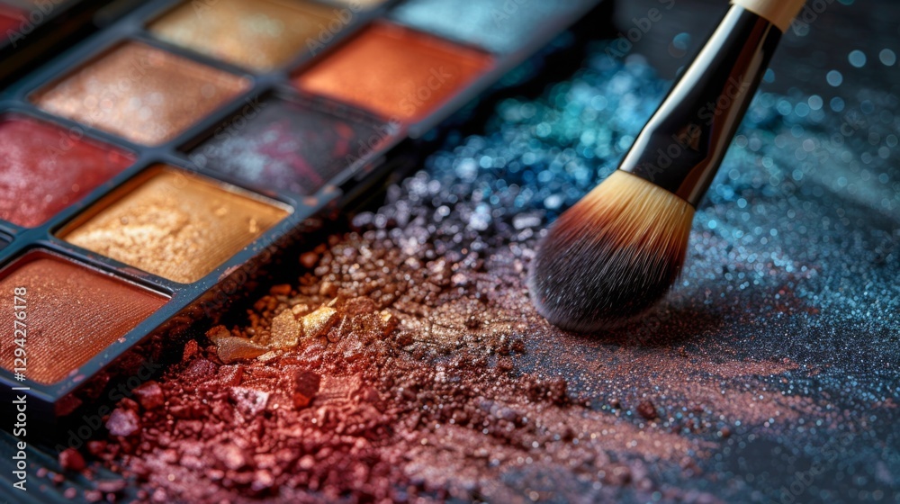 Poster a makeup brush is skillfully applying shades from a colorful palette, creating a blend of rich hues 