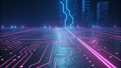Fototapeta premium Cyberpunk-inspired digital circuit board with neon pink and blue grid lines, smooth bokeh effects, and deep dark background. Futuristic high-tech interface in ultra-HD
