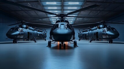 A futuristic military hangar showcasing an impressive row of advanced tactical helicopters with polished metal surfaces that reflect the ambient lighting