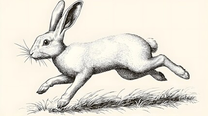 Obraz premium A hare sprinting swiftly across a grassy field depicted in a finely detailed ink drawing that showcases the animal s impressive speed and agility through the use of dynamic lines cross hatching