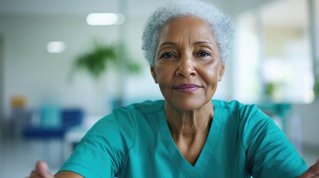 Smiling elderly woman in scrubs radiates warmth and compassion i