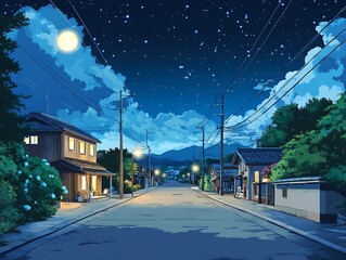 Night street scene in a Japanese village; peaceful rural area at night. Possible use stock photo for websites about travel, peaceful life, or anime style illustration