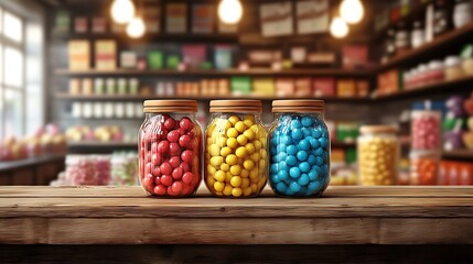 Colorful candy jars on wooden counter in a shop
