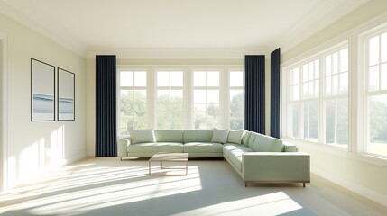 Fototapeta premium Modern Living Room Design with L-Shaped Sofa and Abundant Natural Light