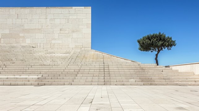 Minimalist Architecture With Stone Stairs, Blank Wall, And Lone Tree Against Blue Sky