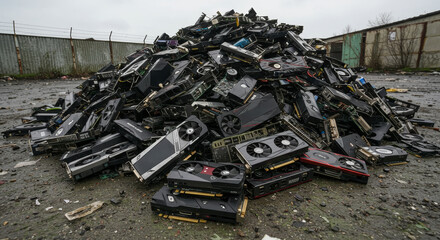 Obraz premium Graphics Card Recycling Pile - A large pile of discarded graphics cards, symbolizing e-waste, technological obsolescence, resource depletion, the circular economy, and potential for reuse