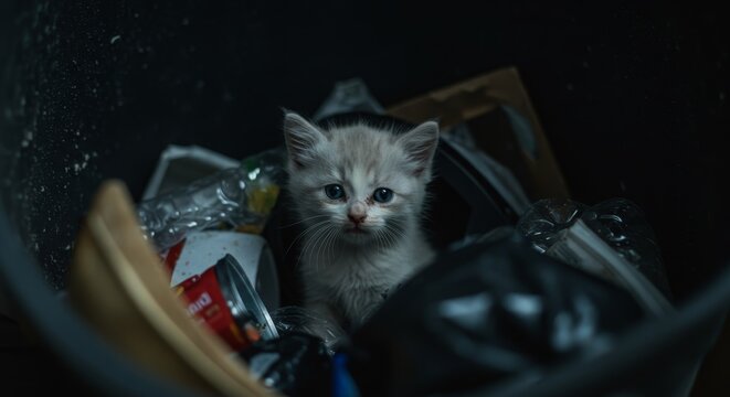 Lost Kitten in a Trash Can - A tiny kitten, symbolizing vulnerability, innocence, and hope, is found alone amidst trash