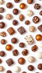 Variety of Delicious Chocolate Candies on a White Background, a Top View with a Flat Lay Composition