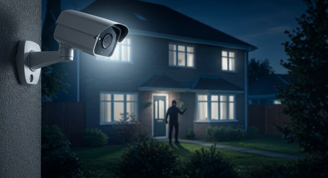 Night Watch Security Camera System - Home security, nighttime surveillance, safety, protection, peace of mind. A security camera captures a potential intruder at night