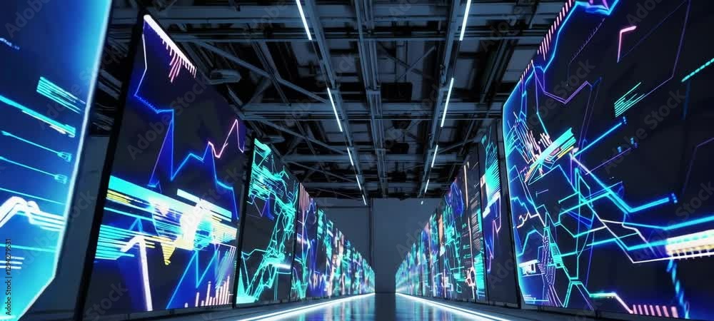 Poster futuristic neon data center with pulsing digital graphs and dynamic abstract light patterns