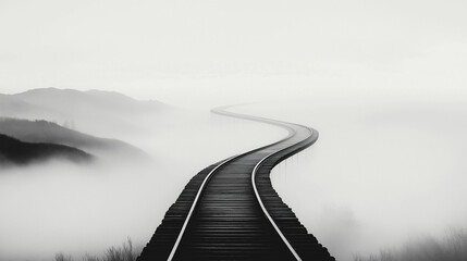 Winding Road through Fog: An elevated road gracefully curves through a misty landscape, disappearing into a sea of fog, evoking a sense of journey and the unknown.