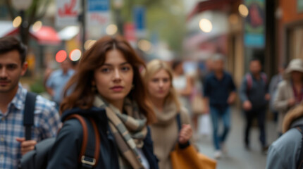Street crowd. Blurry composition in motion. AI image