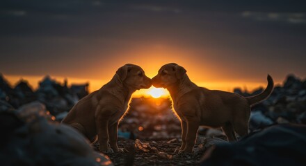 Sunset Puppy Love at the Landfill - Two adorable puppies share a tender moment at sunset, amidst a backdrop of a landfill. Symbolizing hope, resilience, unexpected love, second chances