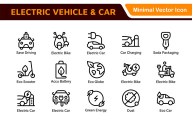 Electric Vehicle and Car Icon Set. A modern collection of icons showcasing electric transportation, perfect for enhancing automotive apps, websites, and sustainability initiatives.
