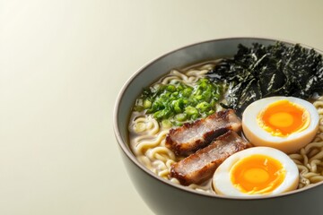 Delicious ramen bowl featuring tender meat, soft-boiled eggs, an