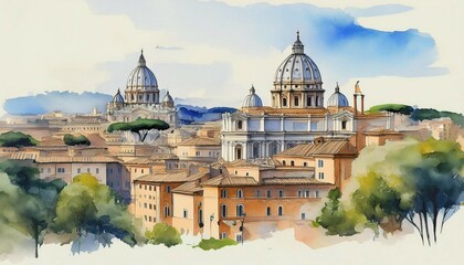 Plakat watercolor drawing picture of city scape view of rome italy generative ai