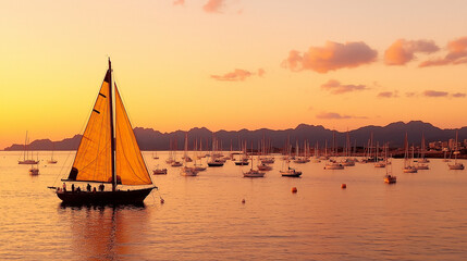 Golden Sailboat at Sunset: Capturing the serene beauty of a golden sailboat gliding on calm waters during a vibrant sunset, with a fleet of boats moored in the distance.