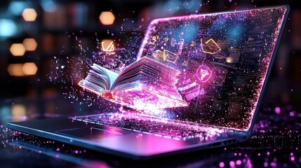 Glowing laptop emitting a burst of radiant energy sparks and lights symbolizing the power of technology innovation and the boundless potential of the digital world to ignite creativity learning