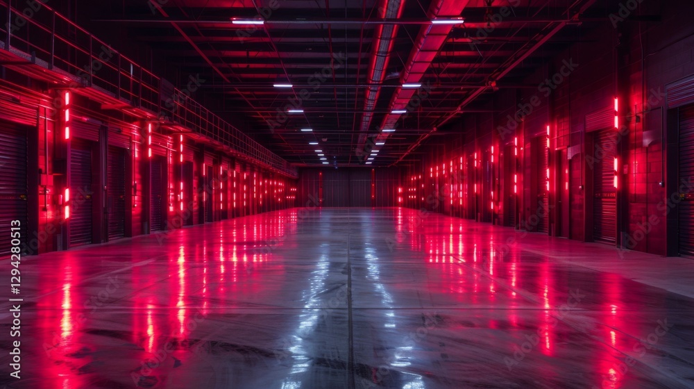Poster Bright red lights line the walls of an expansive industrial storage area, creating a striking visual effect on the polished concrete floor in a dark setting.