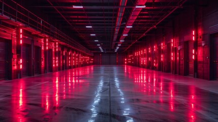 Bright red lights line the walls of an expansive industrial storage area, creating a striking visual effect on the polished concrete floor in a dark setting.