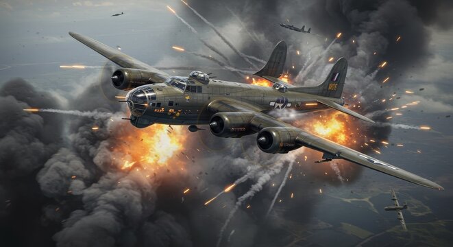 B-17 Bomber Under Attack - A B-17 Flying Fortress bomber sustains heavy damage during a wartime aerial assault, amidst explosions and anti-aircraft fire