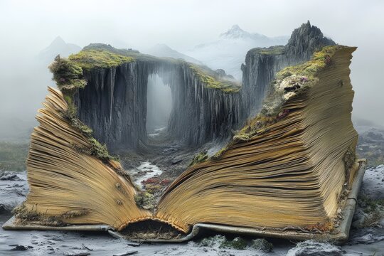 Majestic landscape formed from an open book with rocky cliffs and misty mountains in a surreal setting - Powered by Adobe