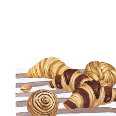 Watercolor illustration of of baking. Hand-drawn set from isolated clip art on a white background. Bright and appetizing pictures of realistic watercolor buns for menus, signs, packaging, textiles