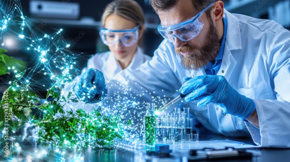 Poster futuristic laboratory setting with scientists conducting an experiment using advanced scientific equ