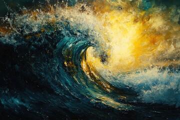 Fototapeta premium A powerful ocean wave crests, illuminated by a golden light, a dramatic display of nature's force and beauty.
