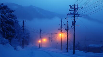 Snowy winter evening road with electric poles and houses in the background. Possible use Stock photo for winter scenes, travel brochures, or nature photography