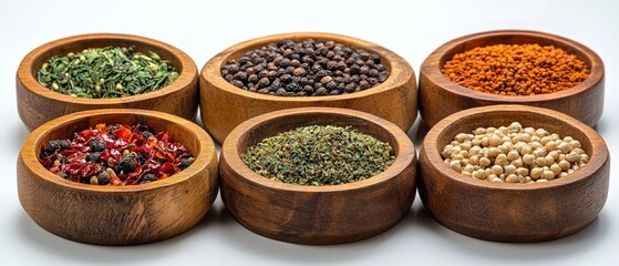 Assortment of Aromatic Spices and Herbs in Rustic Wooden Bowls on White Backdrop Culinary Still Life