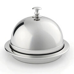Elegant silver cloche dome reflects light against a plain white backdrop.
