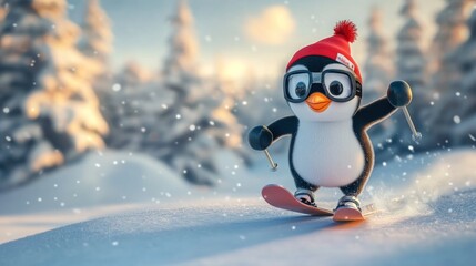 Penguin skier on snowy mountain slope