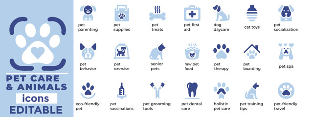 Adorable pet care and animal vector icons for veterinary, grooming, adoption, and pet shop projects. Perfect for web and print