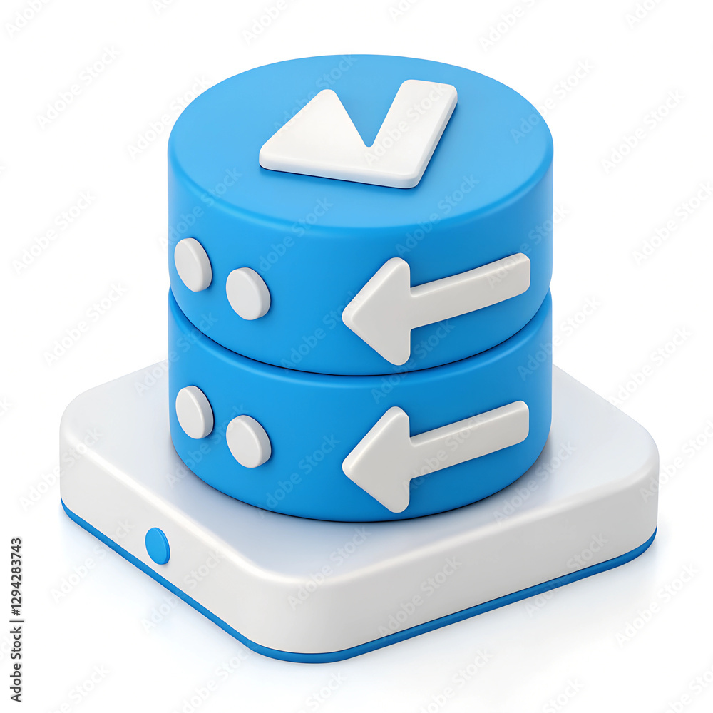 Poster 3d stylized icon of a server with arrows depicting data flow, sitting on a white base with a small b
