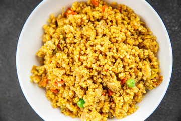 boulgur quinoa dish with vegetables vegetarian dish vegetable food fresh tasty food dish delicious gourmet food background on the table rustic food top view copy space keto and paleo diet