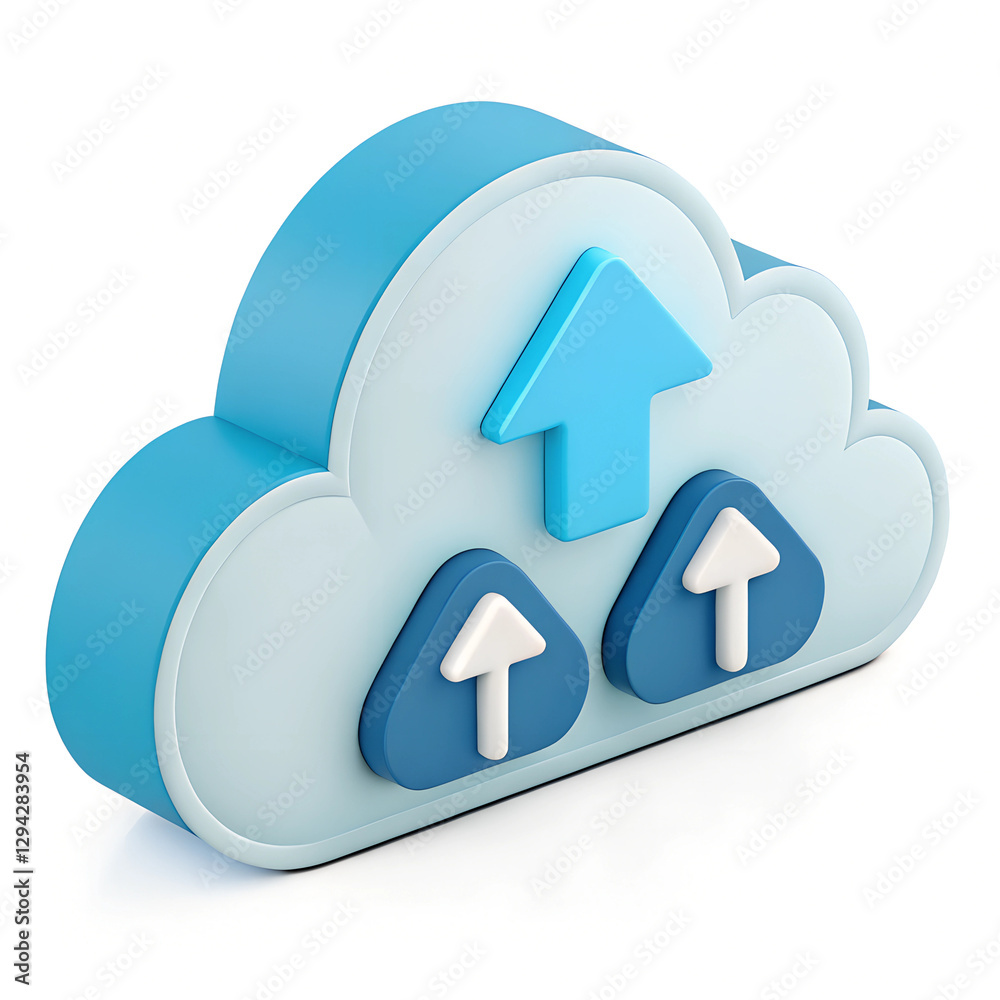 Poster blue and white cloud icon with upward pointing arrows symbolizes data transfer or uploading to the c