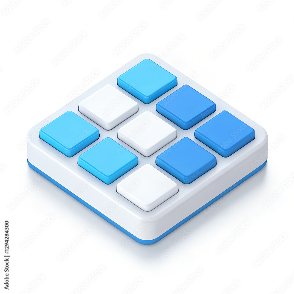 Poster isometric view of an interactive pad comprised of nine square buttons with alternating blue and whit