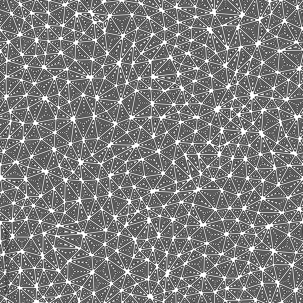 Poster mosaic triangles shapes background. small shape size. multiple repeated inner triangles. black and w